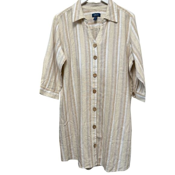 DENIM & Co. Womens Long Shirt Medium Linen Blend Swim Coverup Beige Stripe - Picture 1 of 9